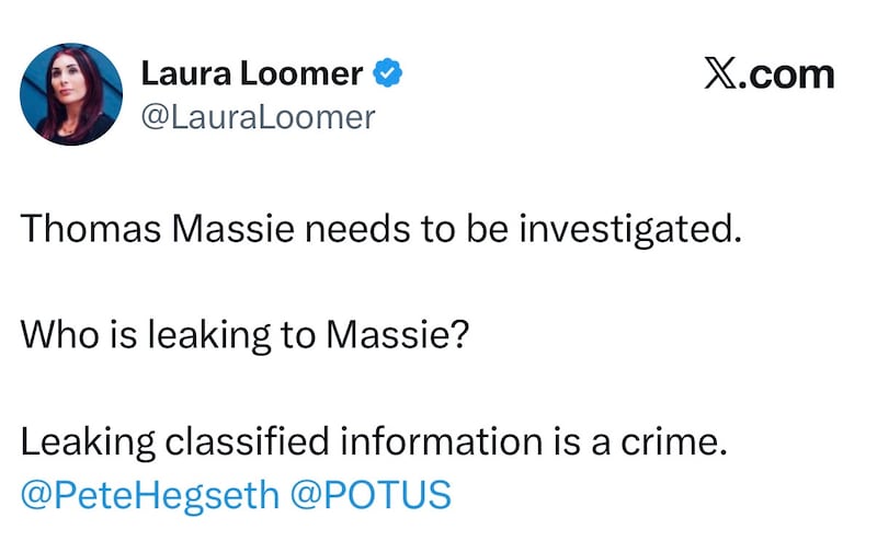 Laura Loomer called for Trump foe Thomas Massie to be investigated after he announced Donald Trump's surprise war with Iran before Trump did.