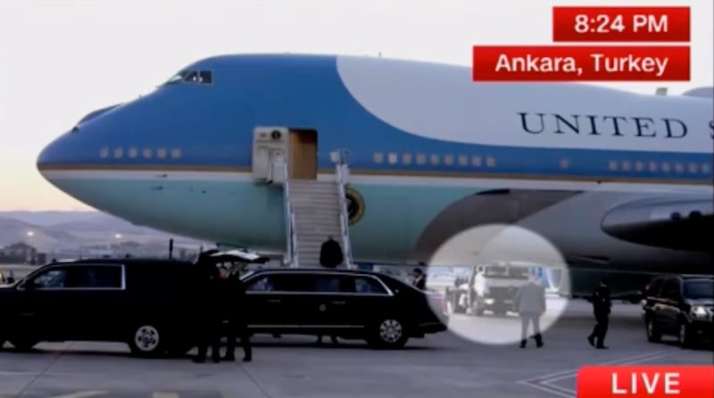 Donald Trump seen heading towards a catering truck in Turkey.
