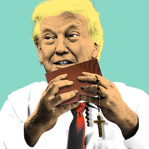 Donald Trump holding a Trump Bible and a rosary like he is eating it like a burger or sandwich