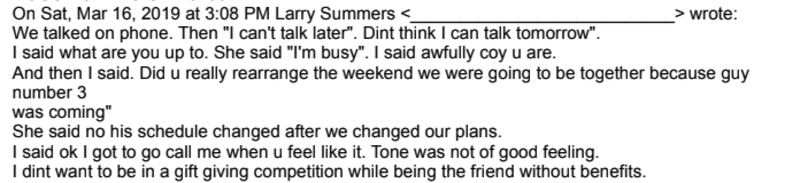 An email Summers sent to Epstein in March 2019, saying he did not want to be a woman’s “friend without benefits.”