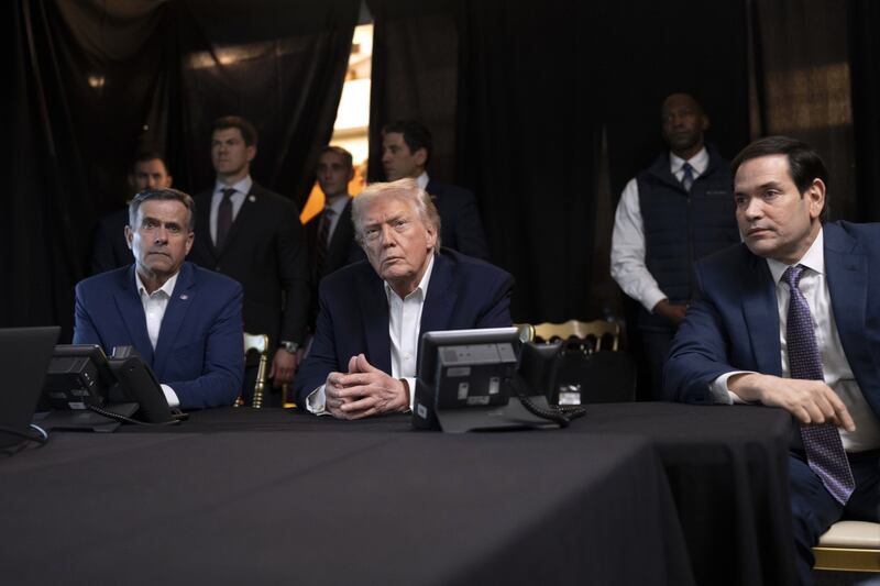 PALM BEACH, FLORIDA - JANUARY 3: (EDITOR'S NOTE: This Handout image was provided by a third-party organization and may not adhere to Getty Images' editorial policy.) U.S. President Donald Trump, CIA Director John Ratcliffe (L) and Secretary of State Marco Rubio monitor U.S. military operations in Venezuela, from Trump's Mar-a-Lago Club on January 3, 2026 in Palm Beach, Florida. President of Venezuela Nicolas Maduro and first lady Cilia Flores were brought to New York on Saturday after being captured by the U.S. military in Caracas. They are expected to face federal charges related to drug trafficking and working with gangs designated as terrorist organizations. (Photo by Molly Riley/The White House via Getty Images)