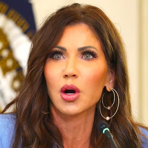 Secretary of Homeland Security Kristi Noem speaks during a roundtable discussion in the State Dining Room of the White House on October 08, 2025 in Washington, DC.
