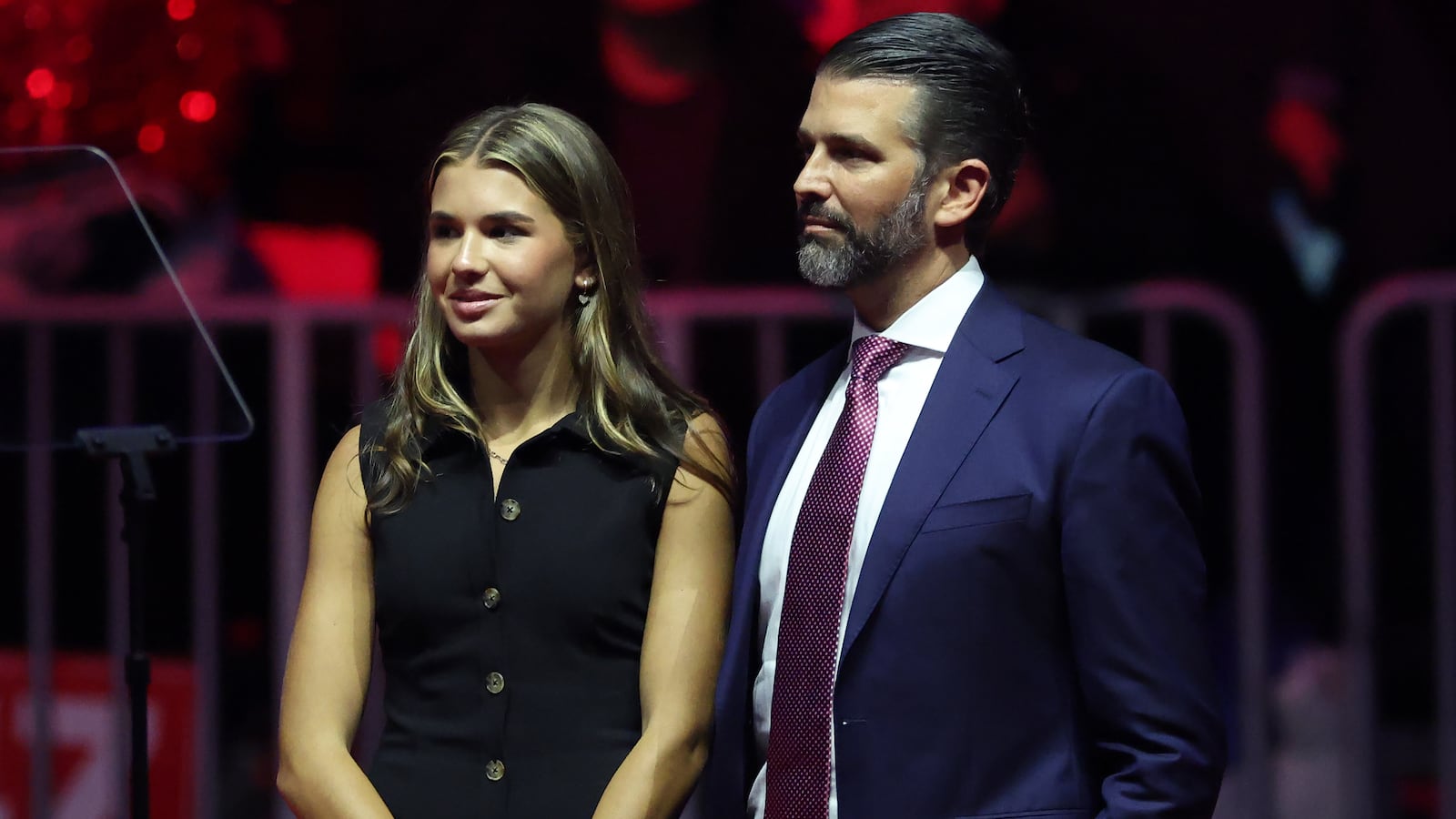 WASHINGTON, DC - JANUARY 19: Donald Trump Jr. and his daughter Kai Madison Trump stand on stage at President-elect Donald Trump's victory rally at the Capital One Arena on January 19, 2025 in Washington, DC. Trump will be sworn in as the 47th U.S. president on January 20. (Photo by Scott Olson/Getty Images)