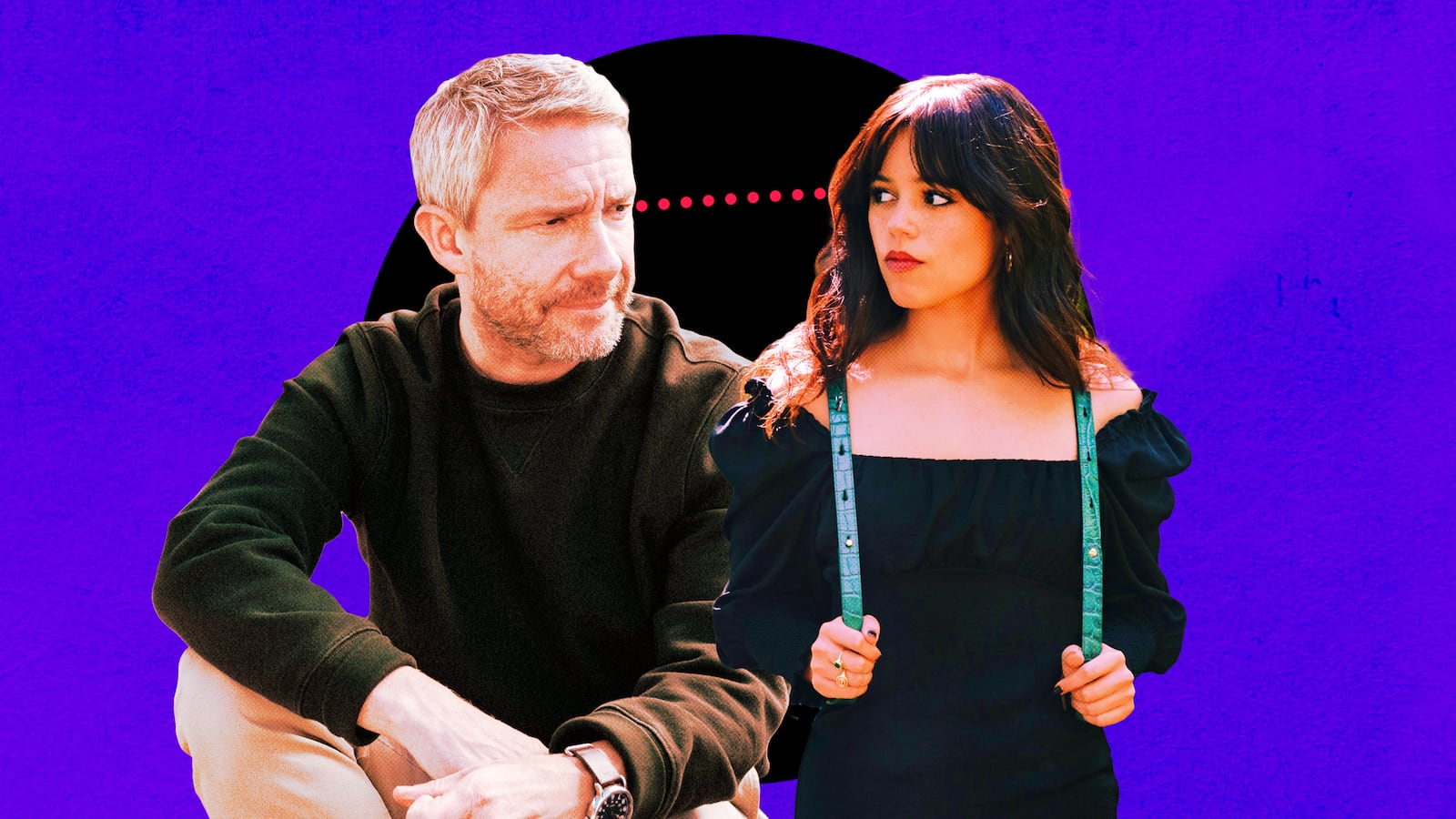 A photo illustration of Martin Freeman and Jenna Ortega in Miller's Girl.
