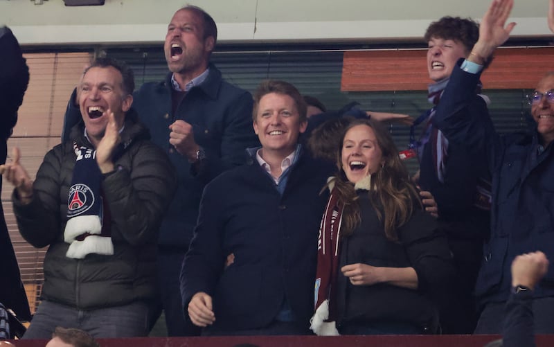 Westminster, above left Prince William, Prince of Wales celebrate the third goal of Aston Villa during the UEFA Champions League 2024/25 Quarter Final Second Leg football match between Aston Villa FC and Paris Saint-Germain (PSG) at Villa Park on April 15, 2025 in Birmingham