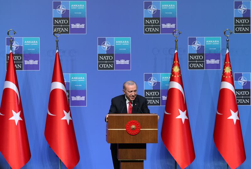 Turkish President Recep Tayyip Erdogan holds a press conference as part of the 36th NATO Summit of Heads of State and Government at the Presidential Complex in Ankara, Turkiye, on July 8, 2026.