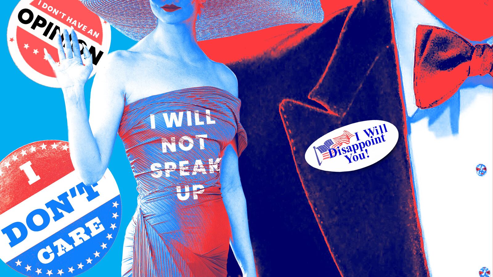 A photo illustration of celebrities wearing stickers and buttons with logos that say “I Will Disappoint You” and “I Will Not Speak Up”