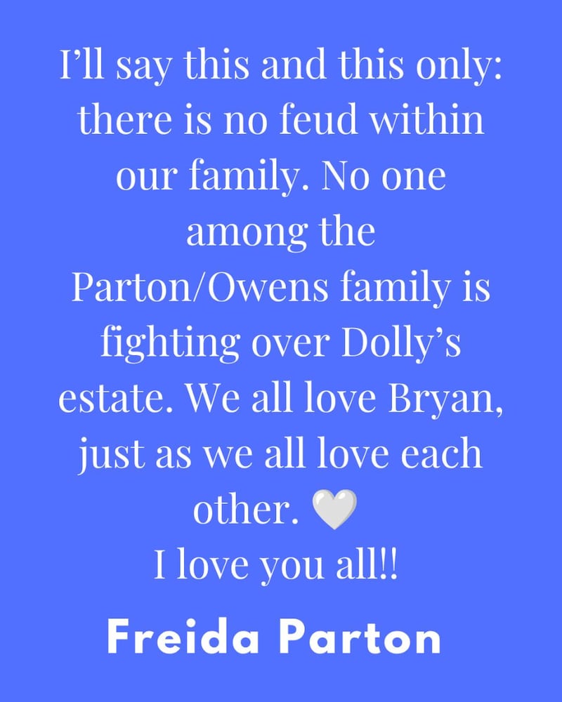 Freida Parton defended Bryan Seaver after Dolly Parton’s estate sued him and filed a temporary restraining order against him.