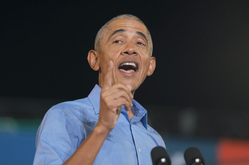 Former President Barack Obama speaks as he campaigns for Democratic presidential nominee, U.S. Vice President Kamala Harris, during a rally on October 24, 2024 in Clarkston, Georgia.