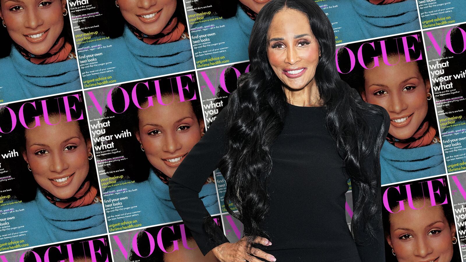 An illustration including a photo of Beverly Johnson and a Vogue Cover of Beverly Johnson