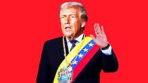 Donald Trump's head on top of Nicolas Maduro's body on a red background