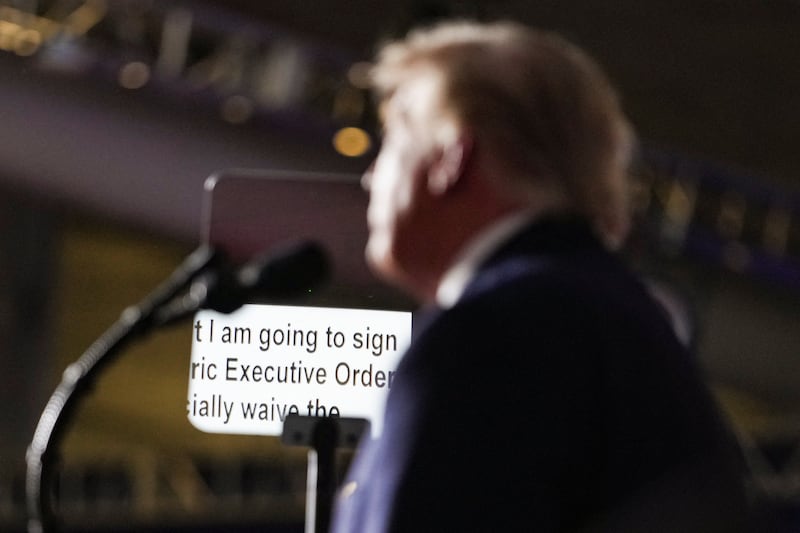 The teleprompter is visible as President Donald Trump speaks during a rally at Pinnacle Bank Expo Center in Grand Island, Nebraska, October 5, 2026.