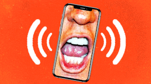 Close up image of Donald Trump yelling in a cellphone moving back and forth