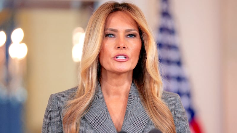 U.S. first lady Melania Trump delivers remarks regarding the late financier and convicted sex offender Jeffrey Epstein s from the Grand Foyer of the White House in Washington, D.C., U.S., April 9, 2026.
