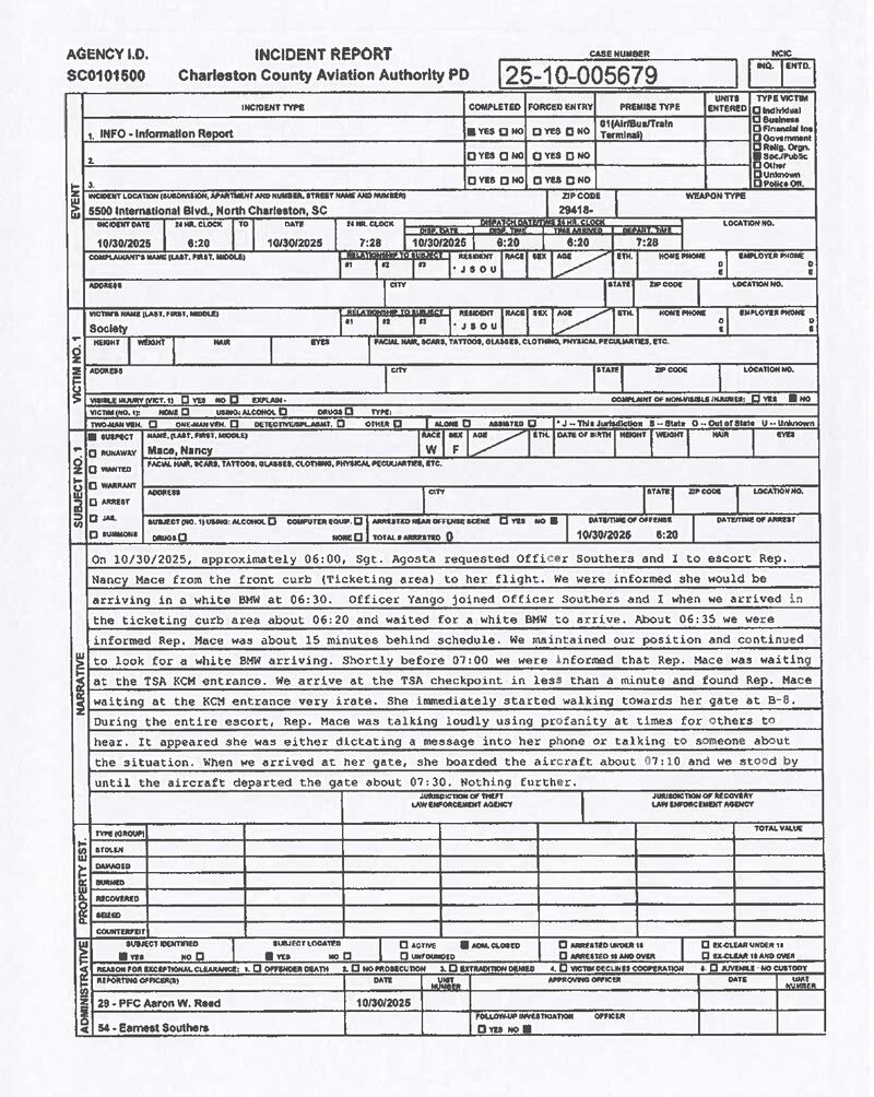 Nancy Mace information report at Charleston Airport 10/30/25