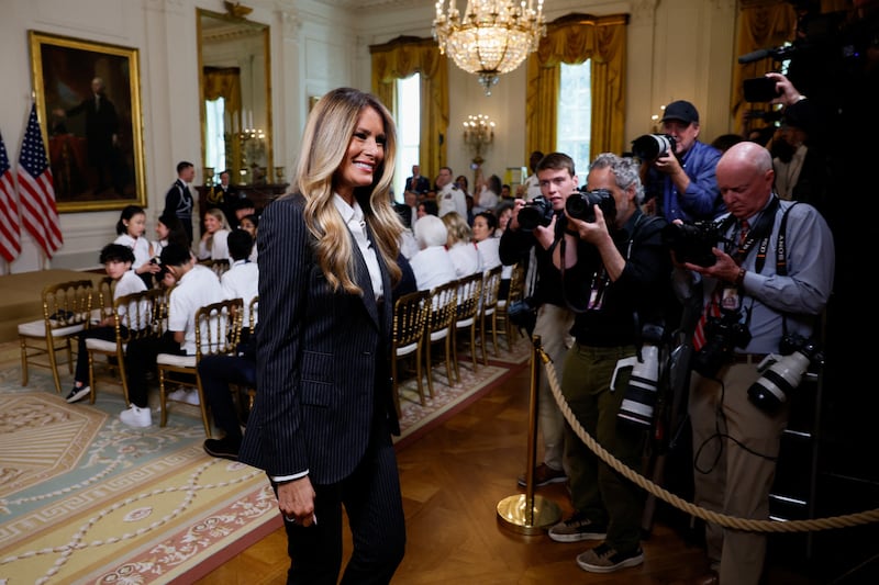 U.S. first lady Melania Trump reacts as she hosts a ceremony for the inaugural Presidential AI Challenge National Champion Awards in the East Room of the White House in Washington, D.C.