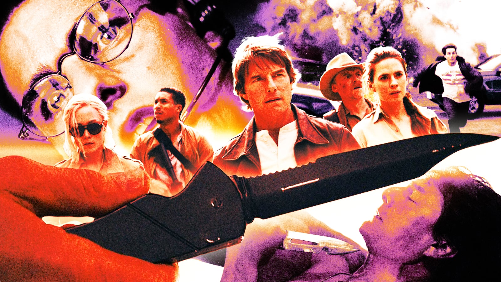 A photo illustration of Tom Cruise, Simon Pegg, Hayley Atwell, Pom Klementieff, and Greg Tarzan Davis in Mission: Impossible - The Final Reckoning.