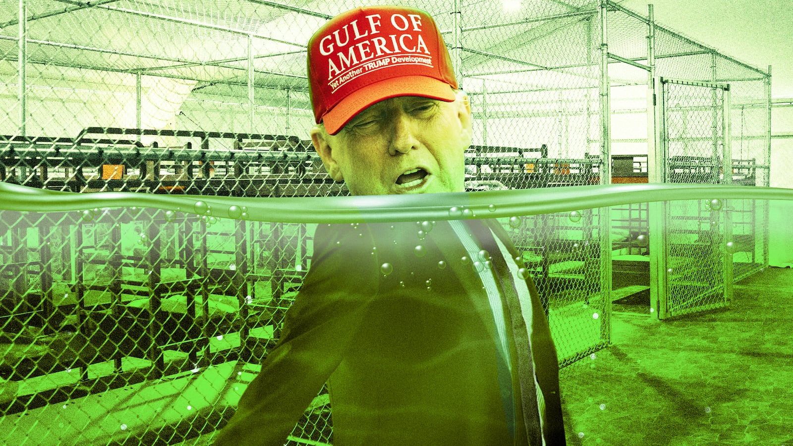 A photo illustration of President Donald Trump floating in swamp water at the "Alligator Alcatraz" detention center in Florida.