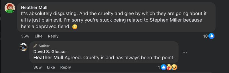 Dr. Glosser has not let his relation to Stephen Miller stop him from criticising his nephew online.