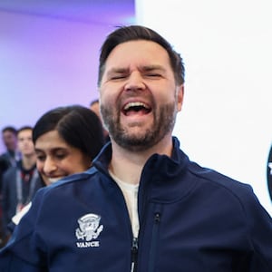 US Vice President JD Vance (C) reacts at the Team USA Welcome Experience ahead of the Milano Cortina 2026 Winter Olympic Games.