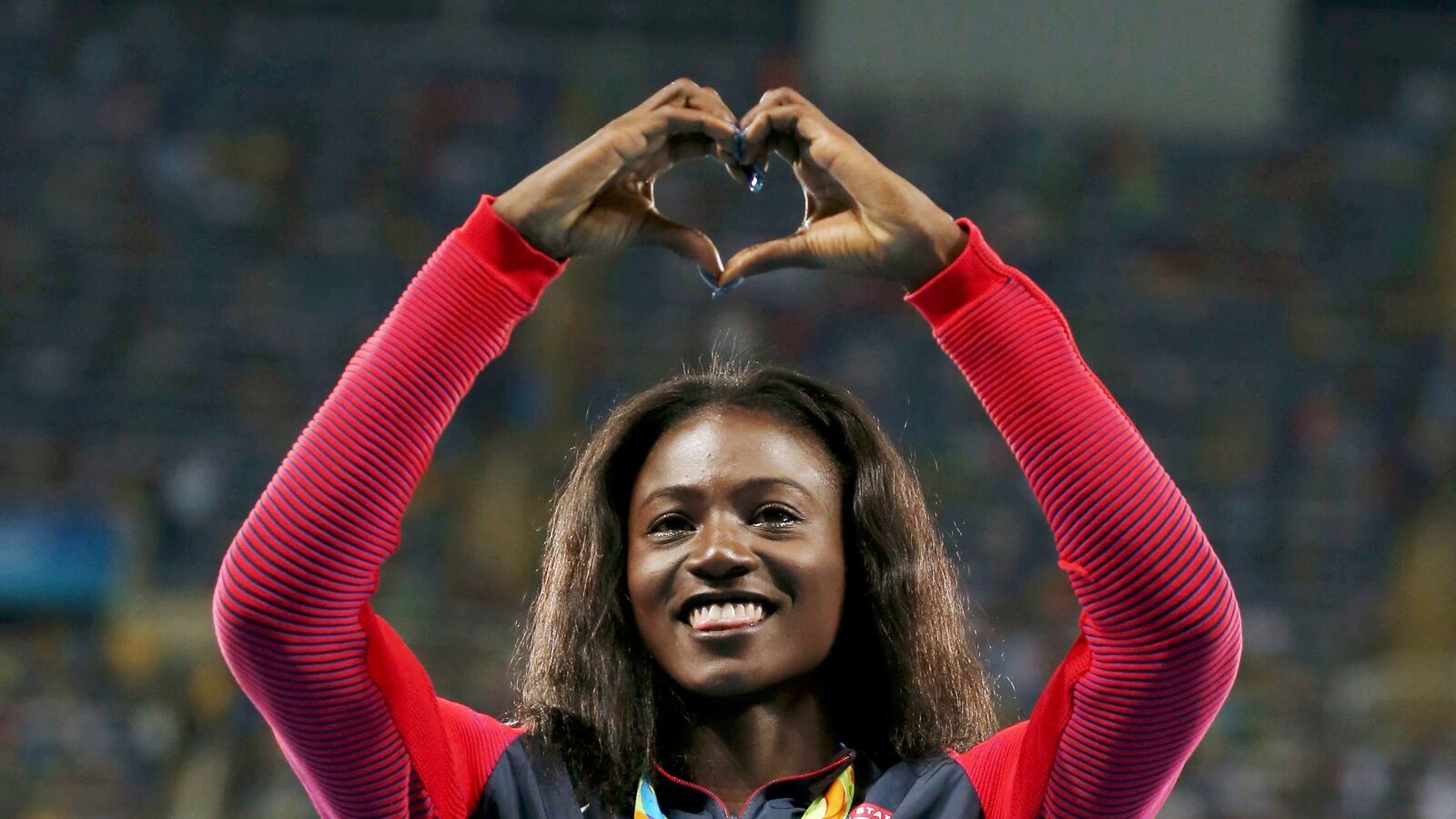 "Bronze medalist Tori Bowie of USA reacts at the Women's 200m Victory Ceremony for the 2016 Rio Olympics in Rio de Janeiro.