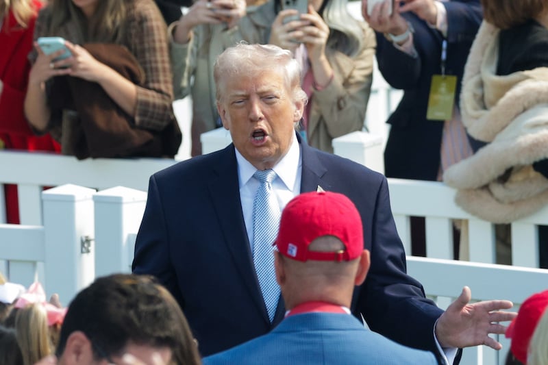 President Donald Trump speaks with guests while attending the White House Easter Egg Roll on the South Lawn on April 06, 2026 in Washington, DC.
