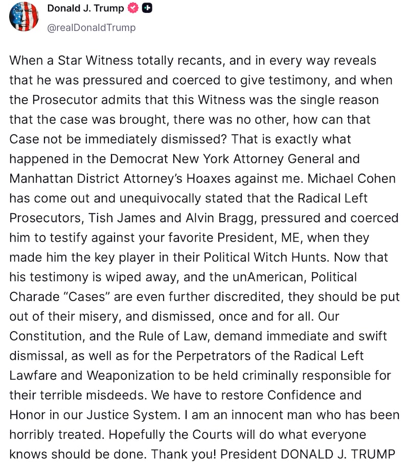 Donald Trump posts about Michael Cohen on Truth Social.