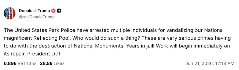 President Trump's Truth Social about Park Police arrests for "vandalism."