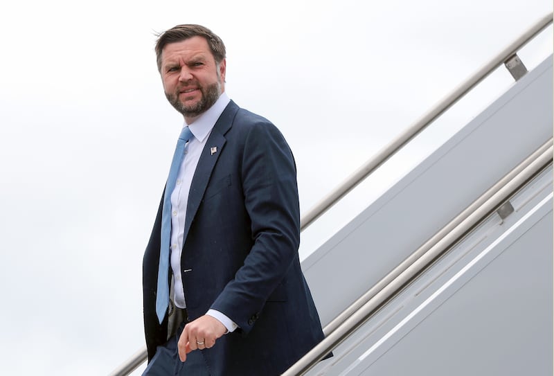 U.S. Vice President JD Vance disembarks Air Force Two at Bangor International Airport on August 24, 2026 in Bangor, Maine.