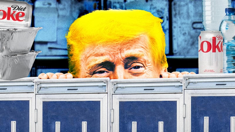 A photo illustration of Donald Trump inside an airline catering food cargo hold.