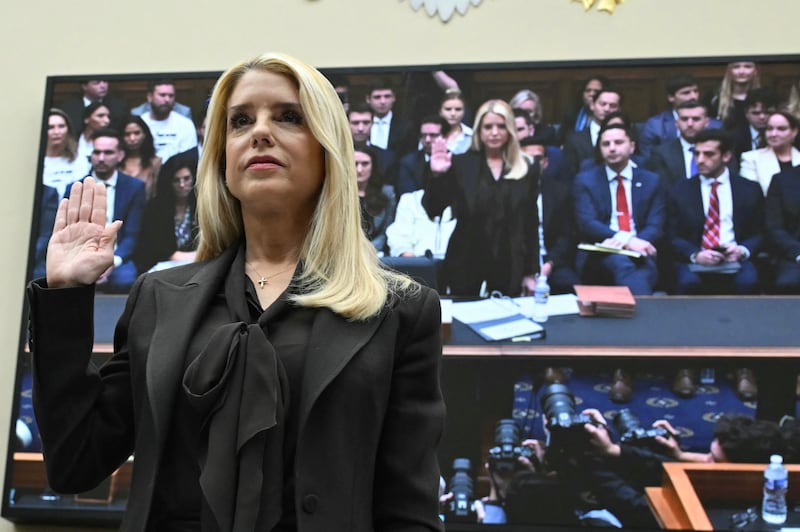 Attorney General Pam Bondi is sworn in as she testifies before a House Judiciary Committee on Capitol Hill in Washington, DC, on February 11, 2026.