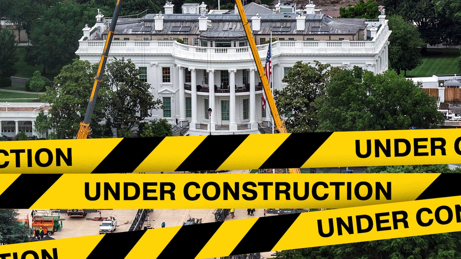 The White House in the middle of construction with caution tape.