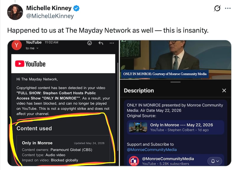 Online users report Only in Monroe being removed from YouTube.