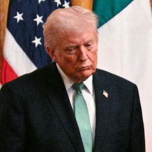 US President Donald Trump looks at a bowl of shamrocks presented to him by Irish Prime Minster Micheal Martin on the occasion of St. Patrick's Day in the East Room of the White House in Washington, DC, on March 17, 2026. (Photo by Jim WATSON / AFP via Getty Images)