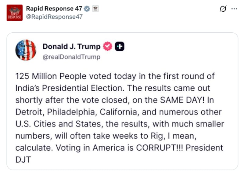 The White House’s Rapid Response 47 account also shared the president’s erroneous post to its 2.3 million followers on X.