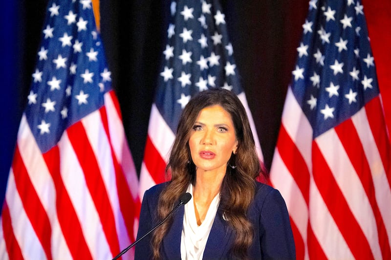 Kristi Noem speaks at the Sergeant Benevolent Association conference at the Grand Hyatt in Nashville, Tennessee, U.S., on March 5, 2026 shortly after U.S. President Donald Trump announced she would be replaced as Homeland Security secretary.