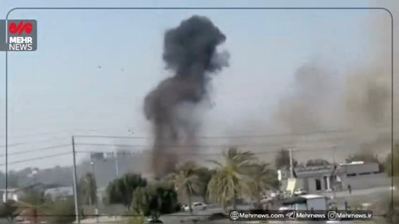 A still image from video shows smoke billowing after what experts said to Reuters appears to be a U.S. Tomahawk missile hitting near the Shajareh Tayyebeh girls' school.