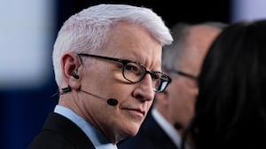 CNN journalist Anderson Cooper looks on in the spin room after the fifth Republican presidential primary debate at Drake University in Des Moines, Iowa, on January 10, 2024.