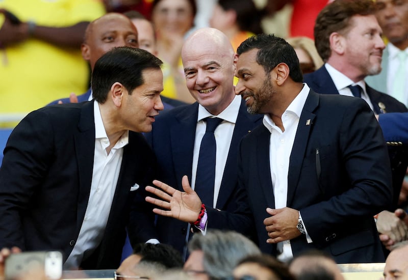 FIFA President Gianni Infantino, U.S. Secretary of State Marco Rubio and FBI Director Kash Patel in the stands before the match.