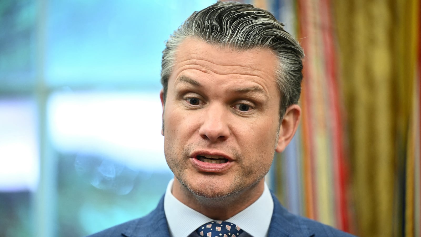 Secretary of Defense Pete Hegseth speaks in the Oval Office of the White House.