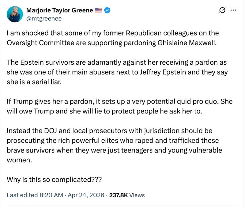 MTG blasts the idea of pardoning Ghislaine Maxwell in exchange for her cooperation in the Jeffrey Epstein investigation.