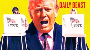 A photo illustration of Donald Trump and voters at election booths for the Daily Beast podcast.