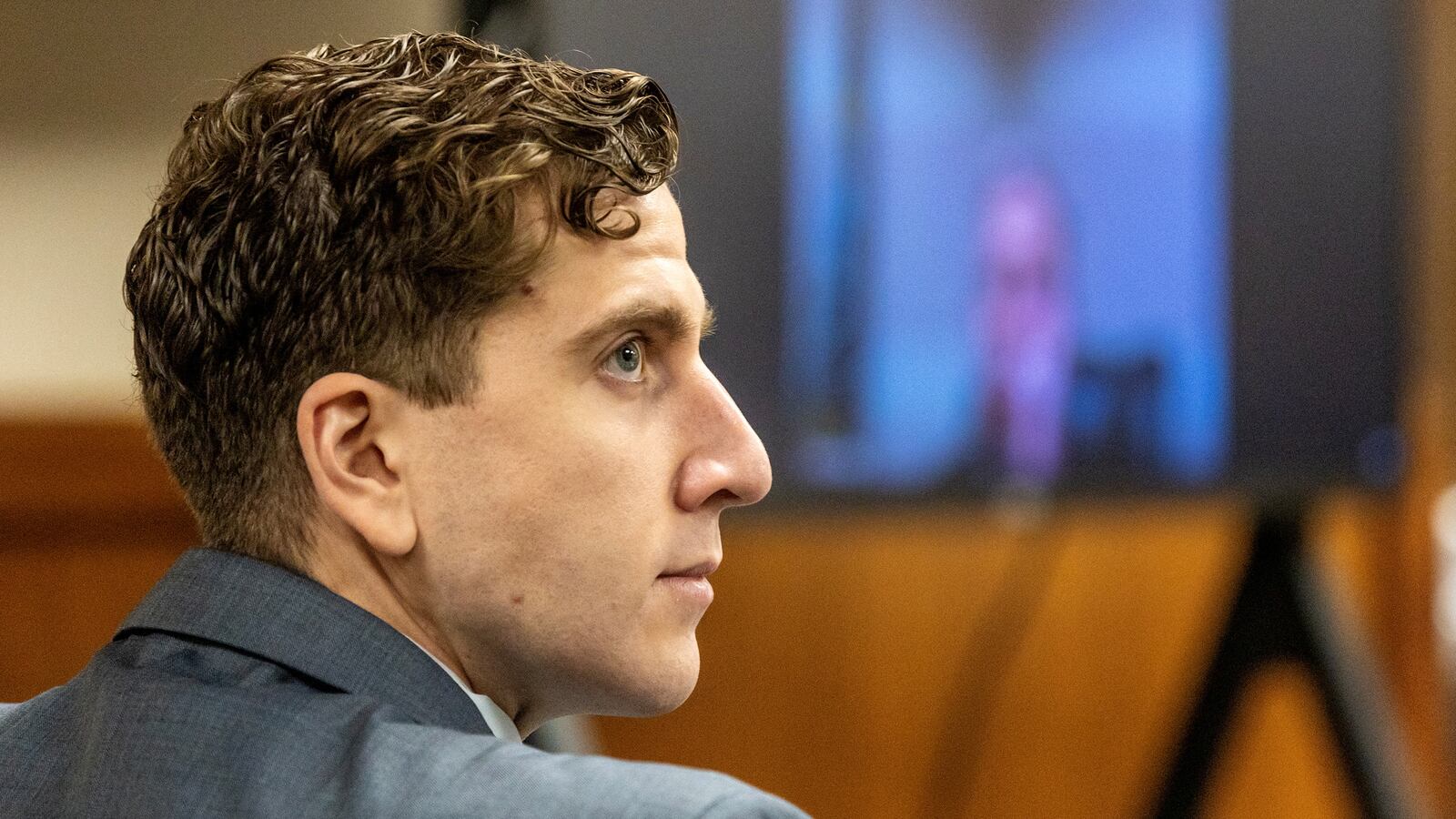 Bryan Kohberger stares to the right during a court hearing.