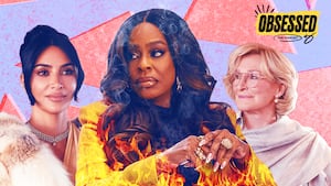 A photo illustration of Niecy Nash-Betts in center with Kim Kardashian and Glenn Close (from All's Fair) for the Obsessed Podcast.