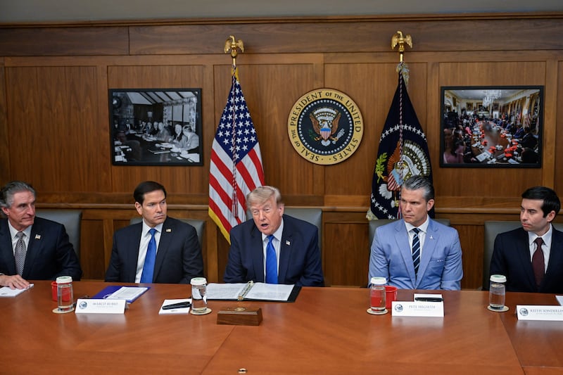 President Donald Trump, Secretary of the Interior Doug Burgum, Secretary of State Marco Rubio, Secretary of Defense Pete Hegseth, and Secretary of Labor Keith Sonderling participate in a cabinet meeting at Camp David in Thurmont, Maryland, on July 31, 2026.
