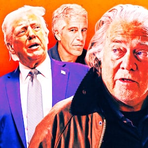 A photo illustration of Donald Trump, Jeffrey Epstein, and Steve Bannon.