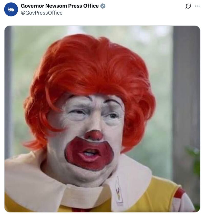 Gavin Newsom's Press Office reply to the White House McDonalds post.