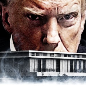 Donald Trump looking sinister above the Kennedy Center with smoke rising from the water