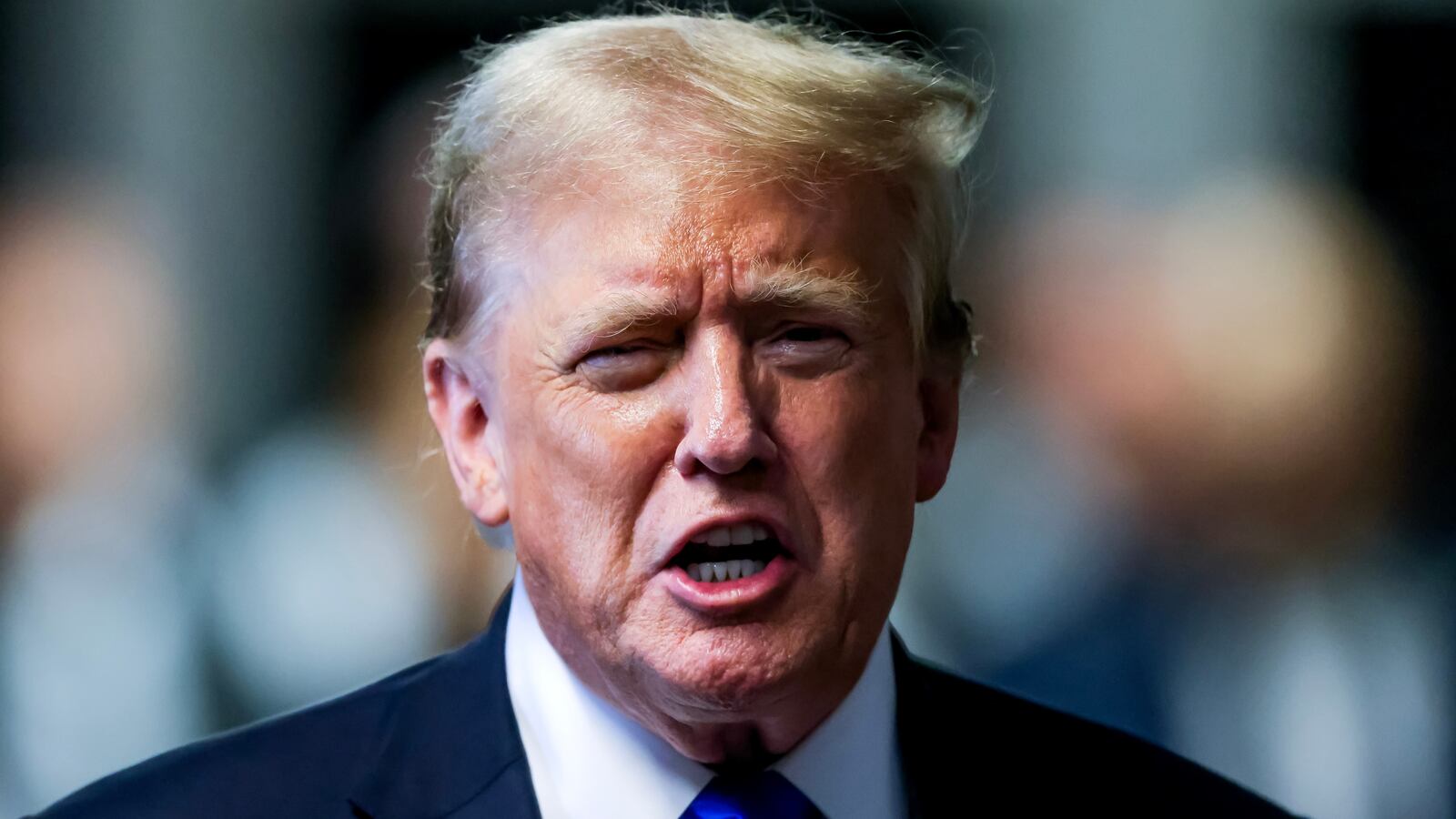 Donald Trump speaks to the media after being found guilty on all 34 counts in his hush money trial at Manhattan Criminal Court on May 30, 2024 in New York City.