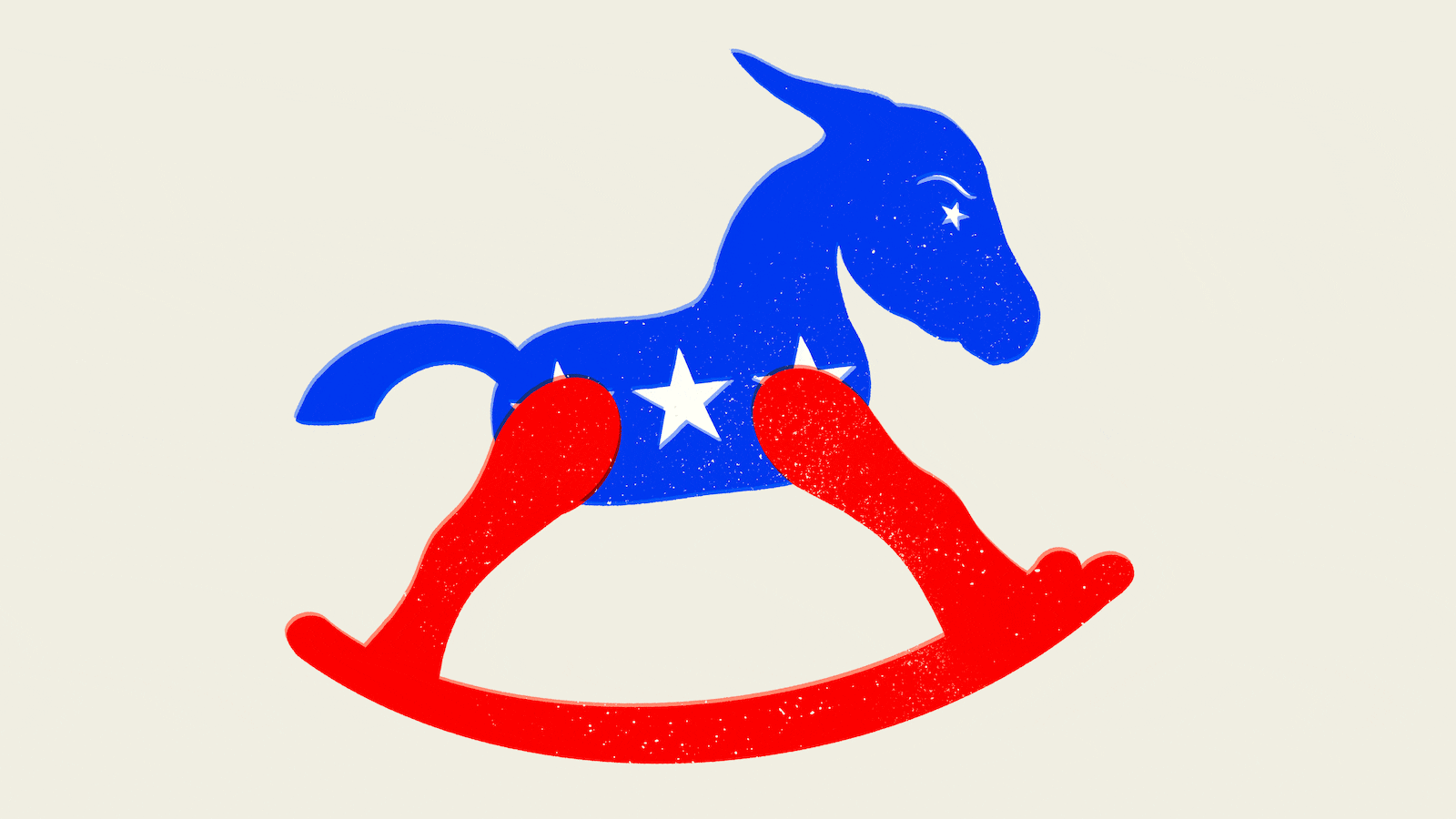 Angry rocking horse donkey in red and blue with white stars